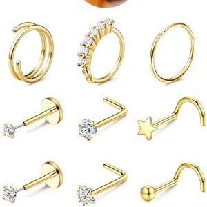 14K Gold Filled Hypoallergenic Nose Rings Set for Men Women, Diverse Styles, Opu